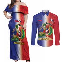 Hispaniola Personalized Couples Matching Off Shoulder Maxi Dress and Long Sleeve Button Shirt Dominican Republic Haiti Map