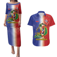 Hispaniola Personalized Couples Matching Puletasi and Hawaiian Shirt Dominican Republic Haiti Map