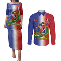 Hispaniola Personalized Couples Matching Puletasi and Long Sleeve Button Shirt Dominican Republic Haiti Map