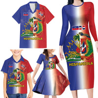 Hispaniola Personalized Family Matching Long Sleeve Bodycon Dress and Hawaiian Shirt Dominican Republic Haiti Map