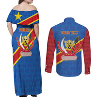Democratic Republic of the Congo Personalized Couples Matching Off Shoulder Maxi Dress and Long Sleeve Button Shirt Flag Style - Wonder Print Shop