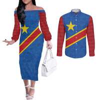 Democratic Republic of the Congo Personalized Couples Matching Off The Shoulder Long Sleeve Dress and Long Sleeve Button Shirt Flag Style - Wonder Print Shop
