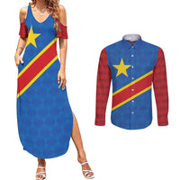 Democratic Republic of the Congo Personalized Couples Matching Summer Maxi Dress and Long Sleeve Button Shirt Flag Style - Wonder Print Shop