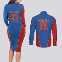 DR Congo Football Custom Couples Matching Long Sleeve Bodycon Dress and Long Sleeve Button Shirt Blue Leopard Skin Pattern - Wonder Print Shop
