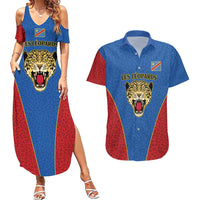 DR Congo Football Custom Couples Matching Summer Maxi Dress and Hawaiian Shirt Blue Leopard Skin Pattern - Wonder Print Shop