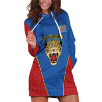 DR Congo Football Custom Hoodie Dress Blue Leopard Skin Pattern - Wonder Print Shop