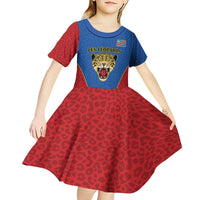 DR Congo Football Custom Kid Short Sleeve Dress Blue Leopard Skin Pattern - Wonder Print Shop