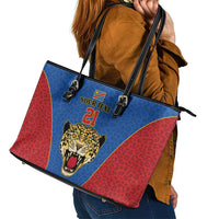 DR Congo Football Custom Leather Tote Bag Blue Leopard Skin Pattern - Wonder Print Shop