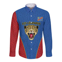 DR Congo Football Custom Long Sleeve Button Shirt Blue Leopard Skin Pattern - Wonder Print Shop
