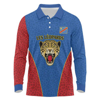 DR Congo Football Custom Long Sleeve Polo Shirt Blue Leopard Skin Pattern - Wonder Print Shop