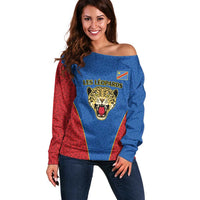 DR Congo Football Custom Off Shoulder Sweater Blue Leopard Skin Pattern - Wonder Print Shop