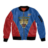 DR Congo Football Custom Sleeve Zip Bomber Jacket Blue Leopard Skin Pattern - Wonder Print Shop