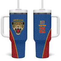 DR Congo Football Custom Tumbler With Handle Blue Leopard Skin Pattern - Wonder Print Shop
