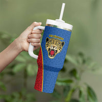 DR Congo Football Custom Tumbler With Handle Blue Leopard Skin Pattern - Wonder Print Shop