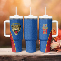 DR Congo Football Custom Tumbler With Handle Blue Leopard Skin Pattern - Wonder Print Shop