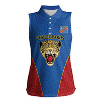 DR Congo Football Custom Women Sleeveless Polo Shirt Blue Leopard Skin Pattern - Wonder Print Shop