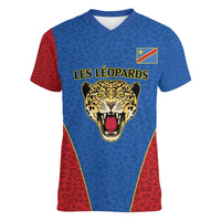 DR Congo Football Custom Women V-Neck T-Shirt Blue Leopard Skin Pattern - Wonder Print Shop