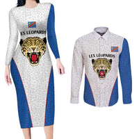 DR Congo Football Custom Couples Matching Long Sleeve Bodycon Dress and Long Sleeve Button Shirt White Leopard Skin Pattern - Wonder Print Shop
