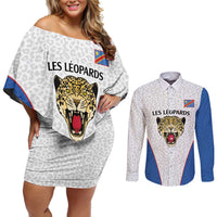 DR Congo Football Custom Couples Matching Off Shoulder Short Dress and Long Sleeve Button Shirt White Leopard Skin Pattern - Wonder Print Shop