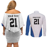 DR Congo Football Custom Couples Matching Off Shoulder Short Dress and Long Sleeve Button Shirt White Leopard Skin Pattern - Wonder Print Shop