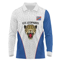 DR Congo Football Custom Long Sleeve Polo Shirt White Leopard Skin Pattern - Wonder Print Shop