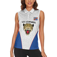 DR Congo Football Custom Women Sleeveless Polo Shirt White Leopard Skin Pattern - Wonder Print Shop