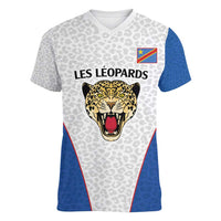 DR Congo Football Custom Women V-Neck T-Shirt White Leopard Skin Pattern - Wonder Print Shop