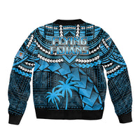 Blue unisex bomber jacket, back with “FLYING FIJIANS” text and palm print