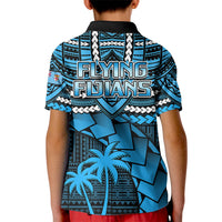 Kids blue rugby polo shirt with Flying Fijians back graphic and black collar