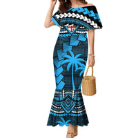 Women’s blue off-shoulder mermaid dress with tribal geometric and palm print