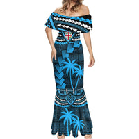 Women’s blue off-shoulder mermaid maxi dress with tribal border and palm tree print