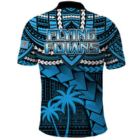 Blue rugby polo shirt back with 'FLYING FIJANS' text and tribal palm print