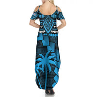 Women’s blue maxi dress, off-shoulder short sleeves, open back with tribal pattern