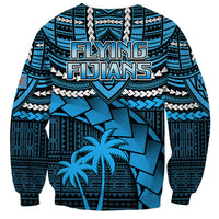 Unisex blue rugby sweatshirt with Flying Fijians text, tribal patterns and palm tree art