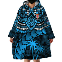 Fiji rugby blanket hoodie, blue hooded poncho style with palm-and-tile front design