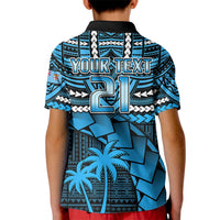 Kids blue rugby polo shirt, back has YOUR TEXT and C1 print, black collar