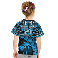 Kids blue rugby T-shirt back print YOUR TEXT and large 21 graphic