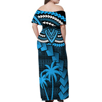 Blue off-shoulder maxi dress with off-shoulder neckline, shield and palm motif print