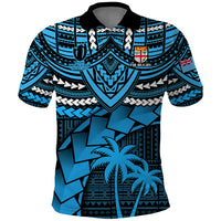 Blue Fiji-inspired rugby polo shirt with black collar and tribal graphic front
