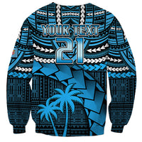 Blue rugby sweatshirt with tribal print, crewneck pullover, large 'YOUR TEXT' 61 front