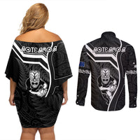 New Zealand Aotearoa Rugby Couples Matching Off Shoulder Short Dress and Long Sleeve Button Shirts Black Fern Maori Tribal Sporty Style LT9 - Wonder Print Shop