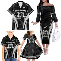 New Zealand Aotearoa Rugby Family Matching Off Shoulder Long Sleeve Dress and Hawaiian Shirt Haka Dance Mixed Silver Fern Sporty Style - Wonder Print Shop