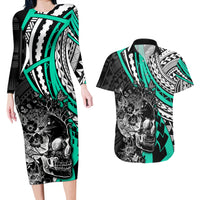 Personalised Polynesia Skull Couples Matching Long Sleeve Bodycon Dress and Hawaiian Shirt Tattoo In The Style Of Maori With Marine Life Aqua LT9 - Wonder Print Shop