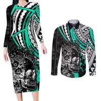 Personalised Polynesia Skull Couples Matching Long Sleeve Bodycon Dress and Long Sleeve Button Shirts Tattoo In The Style Of Maori With Marine Life Aqua LT9 - Wonder Print Shop