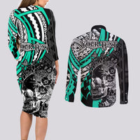 Personalised Polynesia Skull Couples Matching Long Sleeve Bodycon Dress and Long Sleeve Button Shirts Tattoo In The Style Of Maori With Marine Life Aqua LT9 - Wonder Print Shop