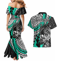 Personalised Polynesia Skull Couples Matching Mermaid Dress and Hawaiian Shirt Tattoo In The Style Of Maori With Marine Life Aqua LT9 - Wonder Print Shop