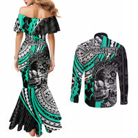 personalised-polynesia-skull-couples-matching-mermaid-dress-and-long-sleeve-button-shirts-tattoo-in-the-style-of-maori-with-marine-life-aqua