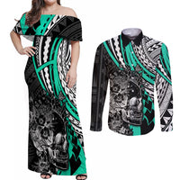 Personalised Polynesia Skull Couples Matching Off Shoulder Maxi Dress and Long Sleeve Button Shirts Tattoo In The Style Of Maori With Marine Life Aqua LT9 - Wonder Print Shop