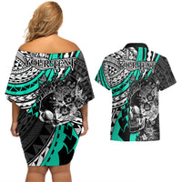 Personalised Polynesia Skull Couples Matching Off Shoulder Short Dress and Hawaiian Shirt Tattoo In The Style Of Maori With Marine Life Aqua LT9 - Wonder Print Shop