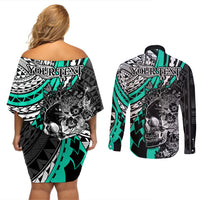 Personalised Polynesia Skull Couples Matching Off Shoulder Short Dress and Long Sleeve Button Shirts Tattoo In The Style Of Maori With Marine Life Aqua LT9 - Wonder Print Shop